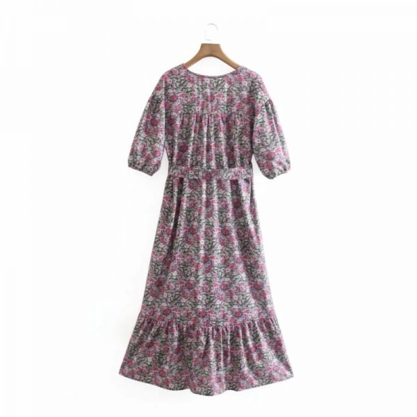 Summer Women V Neck Sashes Vintage Printed Midi Dress Female Puff Sleeve Clothes Casual Lady Loose Vestido D7711