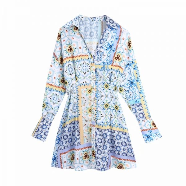 Summer Women Patchwork Printing V Neck Single Breasted Midi Dress Female Long Sleeve Clothes Casual Lady Loose Vestido D7881