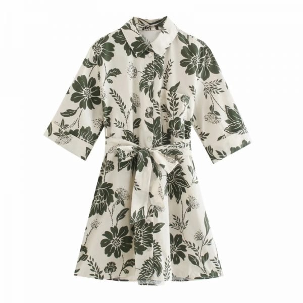 Hot Sale Women Elegant Floral Print Sashes Mini Shirt Dress Female Short Sleeve Clothes Casual Lady Loose Vestido D8223