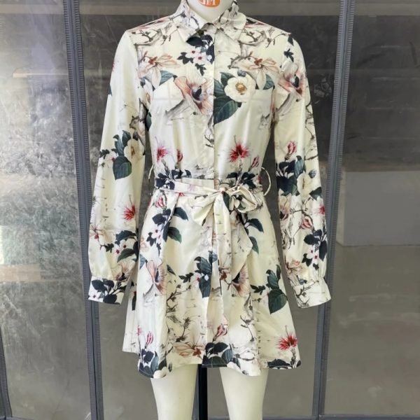 Hot Sale Women Flower Printing Sashes Mini Shirt Dress Female Long Sleeve Clothes Casual Lady Loose Vestido D8277