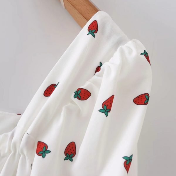 Summer Women Strawberry Printing Side Slit Midi Dress Female Puff Sleeve Clothes Leisure Lady Loose Vestido D7997