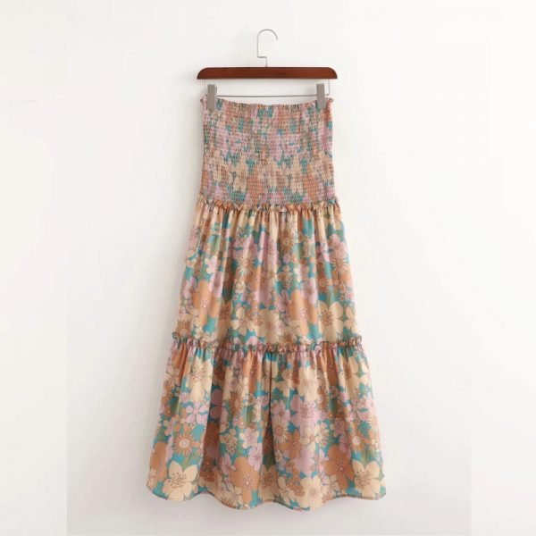Summer Women Floral Print Elastic Strapless Midi Dress Female Sleeveless Clothes Casual Lady Loose Vestido D7756