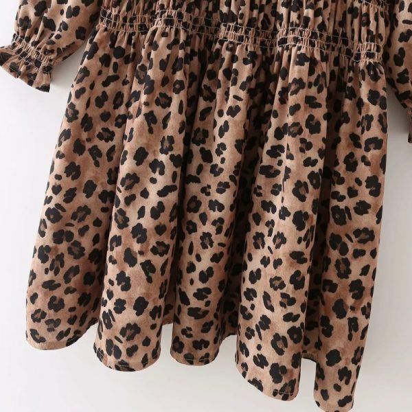 Hot Sale Women Leopard Print Elastic Waist Mini Dress Female Nine Quarter Sleeve Clothes Casual Lady Loose Vestido D8513