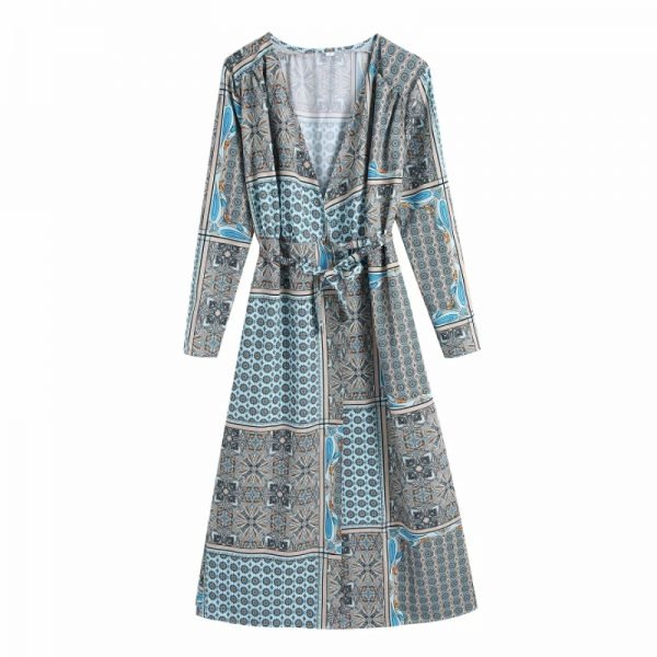 Summer Women Vintage Patchwork Printing Sashes Midi Dress Female Long Sleeve Clothes Leisure Lady Loose Vestido D8010