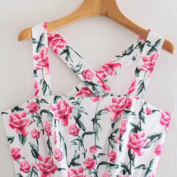 Summer Women Pink Floral Print Suspender Midi Dress Female Clothes Leisure Lady Loose Vestido D8061