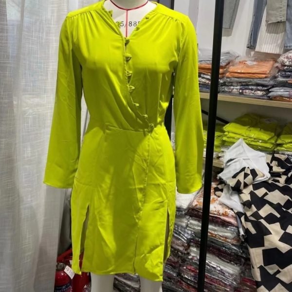 Hot Sale Women Cross V Neck Side Slit Mini Dress Female Long Sleeve Clothes Casual Lady Loose Vestido D8355