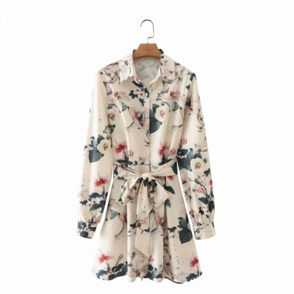 Hot Sale Women Flower Printing Sashes Mini Shirt Dress Female Long Sleeve Clothes Casual Lady Loose Vestido D8277