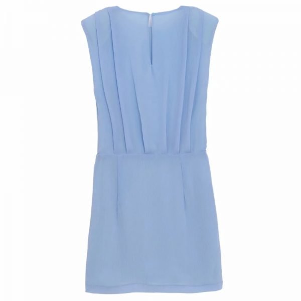 Hot Sale Women Shoulder Pads Blue Pleated Mini Dress Female Sleeveless Clothes Casual Lady Slim Vestido D8130
