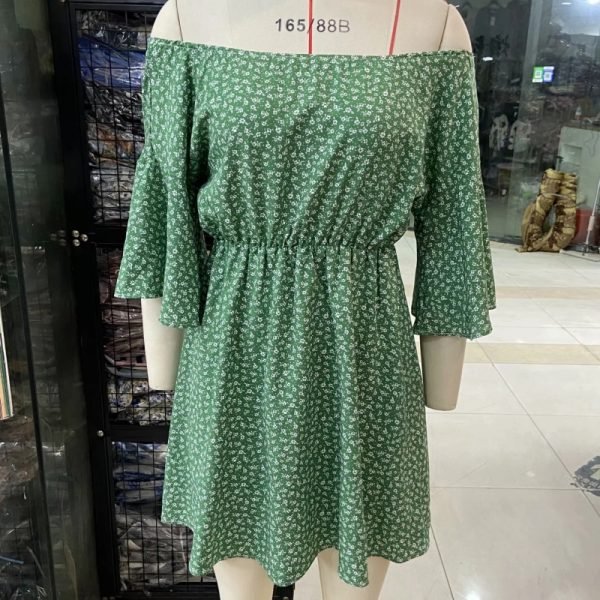 Summer Women Floral Print Green Mini Dress Female Slash Neck Flare Sleeve Clothes Casual Lady Loose Vestido D7750