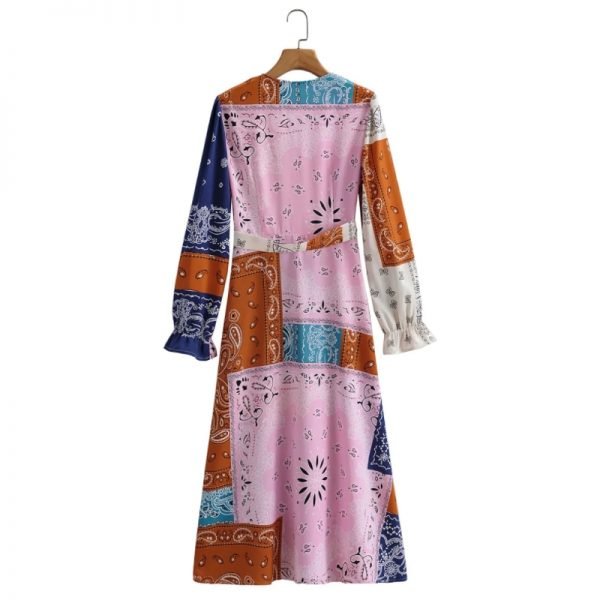 Hot Sale Women Patchwork Printing Cross V Neck Wrap Midi Dress Female Long Sleeve Clothes Casual Lady Loose Vestido D8251