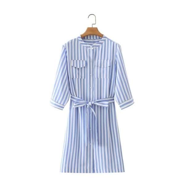 Hot Sale Women Stand Collar Sashes Striped Shirt Dress Female Three Quarter Sleeve Clothes Casual Lady Loose Vestido D8191