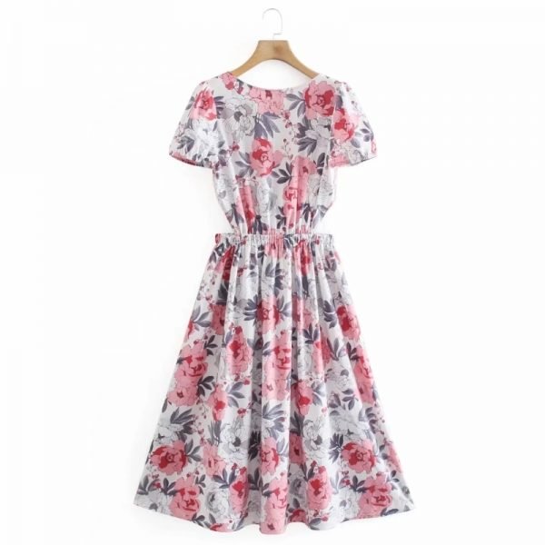 Summer Women Flower Printing Sexy Backless Midi Dress Female Short Sleeve Clothes Leisure Lady Loose Vestido D7901