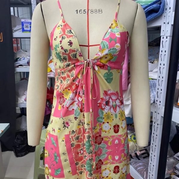 Hot Sale Women Patchwork Printing Drawstring Suspender Mini Dress Female Sleeveless Clothes Casual Lady Loose Vestido D8202