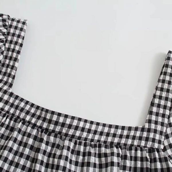 Summer Women Single Breasted Plaid Mini Dress Female Square Collar Puff Sleeve Clothes Casual Lady Loose Vestido D7651