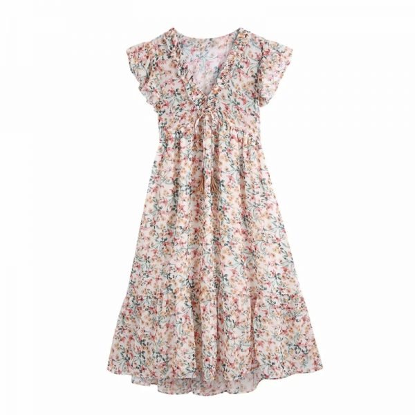 Summer Women Floral Print Chiffon V Neck Ruffle Midi Dress Female Butterfly Sleeve Clothes Casual Lady Loose Vestido D7839