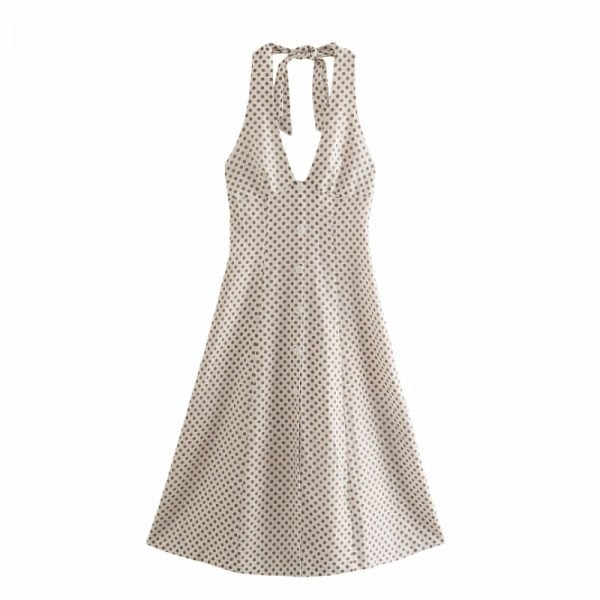 Summer Women Polka Dot Printing V Neck Backless Midi Dress Female Sleeveless Clothes Leisure Lady Slim Vestido D7897