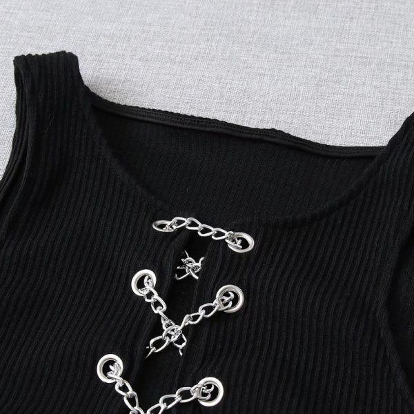 Summer Women Chain Decoration Hollow Sexy Knitted Short Tank T Shirt Casual Female O Neck Slim Crop Tops T1512
