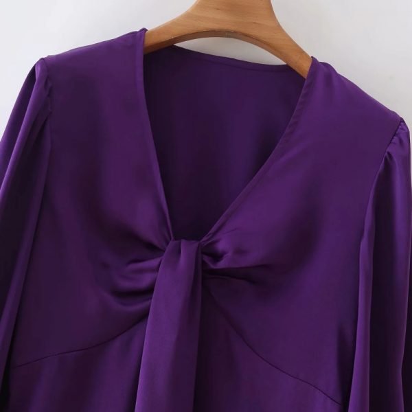 Hot Sale Women V Neck Bowknot Design Satin Midi Dress Female Lantern Sleeve Clothes Casual Lady Loose Vestido D8511