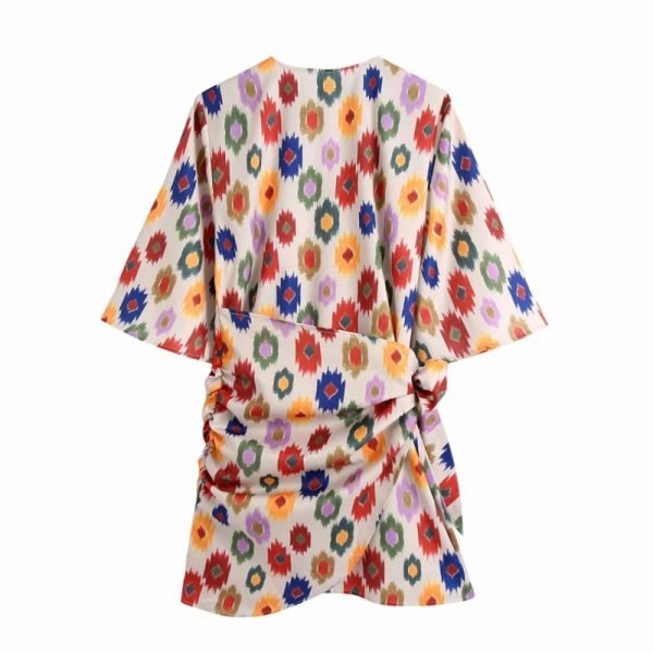 Hot Sale Women Digital Print V Neck Cross Lace Up Mini Wrap Dress Female Half Sleeve Clothes Casual Lady Loose Vestido D8215