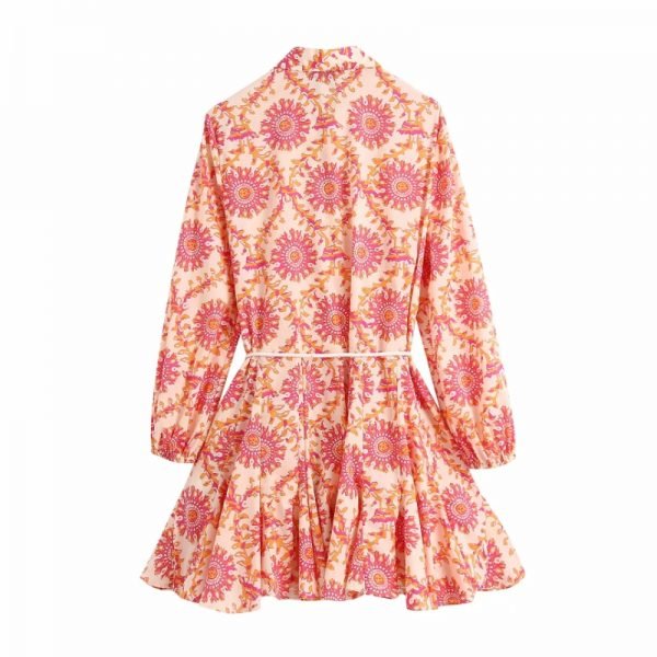 Summer Women Floral Print Sashes Mini Fishtail Dress Female Long Sleeve Clothes Casual Lady Loose Vestido D7885