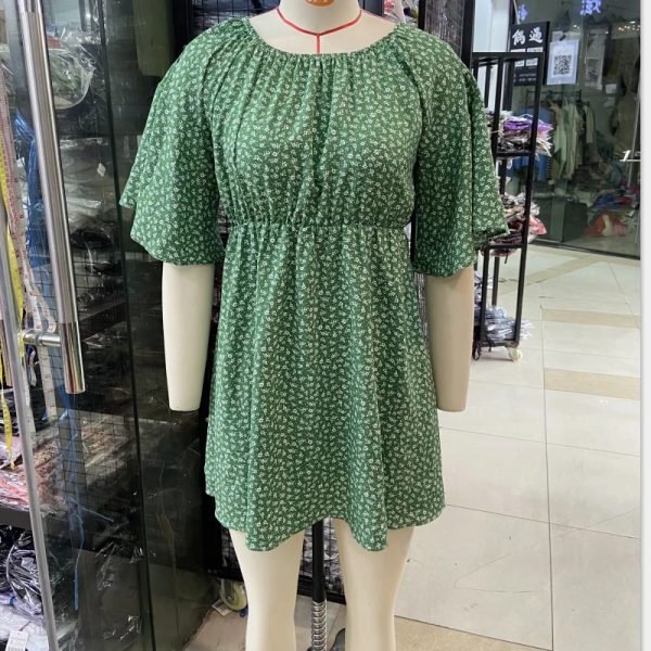 Summer Women Floral Print Green Mini Dress Female Slash Neck Flare Sleeve Clothes Casual Lady Loose Vestido D7750