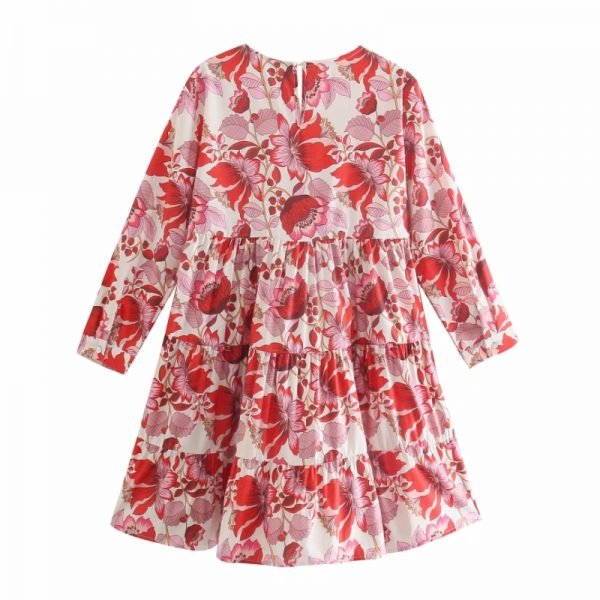Summer Women Red Floral Print Tiered Ruffle Midi Dress Female Three Quarter Sleeve Clothes Casual Lady Loose Vestido D7807