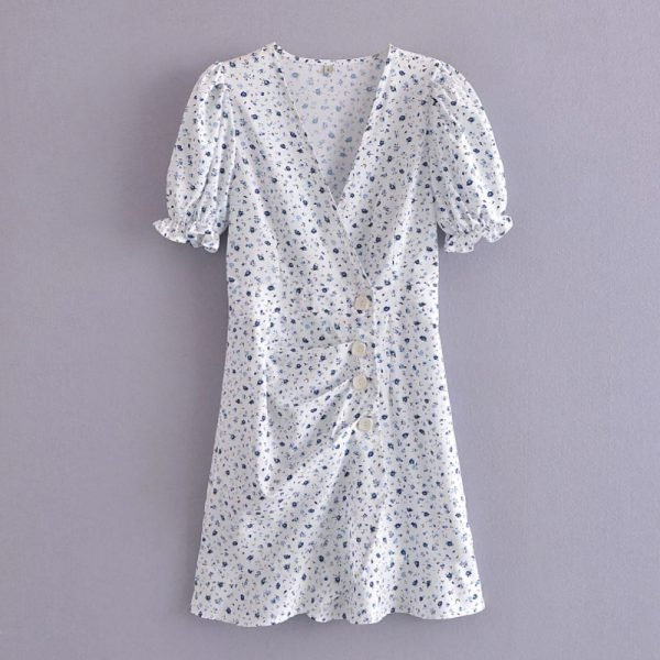 Summer Women Elegant Print Cross V Neck Mini Dress Female Puff Sleeve Clothes Casual Lady Slim Vestido D7821