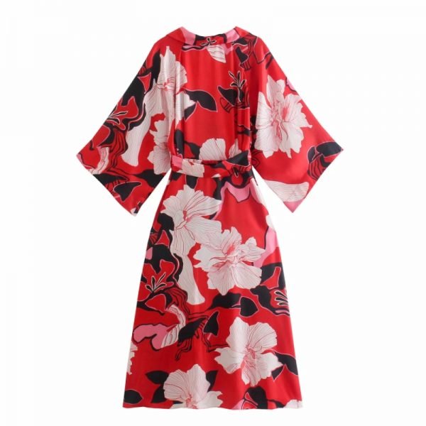 Hot Sale Women Flower Printing Sashes Red Midi Dress Female Three Quarter Sleeve Clothes Casual Lady Loose Vestido D8501