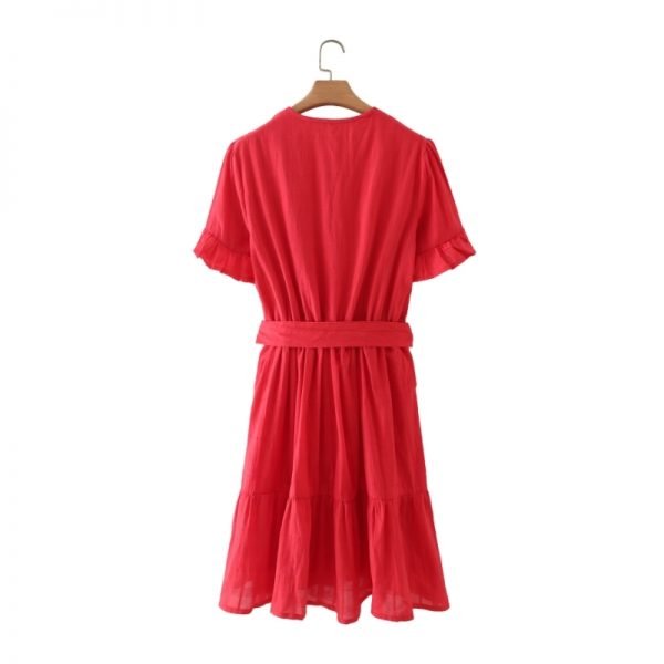 Summer Women V Neck Sashes Solid Mini Dress Female Flare Sleeve Clothes Leisure Lady Loose Vestido D7971