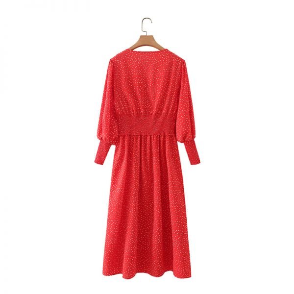 Summer Women Dot Printing V Neck Side Slit Red Midi Dress Female Nine Quarter Sleeve Clothes Leisure Lady Loose Vestido D7957