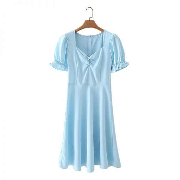 Summer Women Square Collar Pleating Blue A Line Dress Female Puff Sleeve Clothes Leisure Lady Loose Vestido D7929