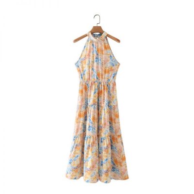 Summer Women Floral Printing Halter Midi Vest Dress Female Sleeveless Clothes Leisure Lady Loose Vestido D7950