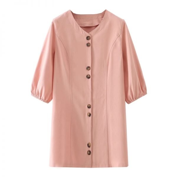 Summer Women O Neck Single Breasted Pink Mini Dress Female Lantern Sleeve Clothes Leisure Lady Loose Vestido D7968