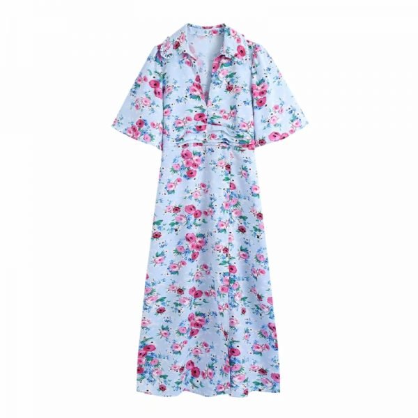Hot Sale Women Flower Printing V Neck Side Slit Midi Dress Female Flare Sleeve Clothes Casual Lady Loose Vestido D8373