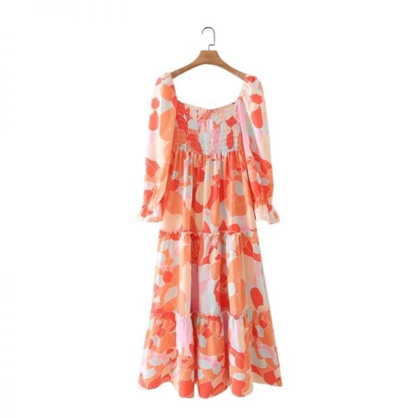 Hot Sale Women Flower Printing Square Collar Midi Dress Female Puff Sleeve Clothes Casual Lady Loose Vestido D8328