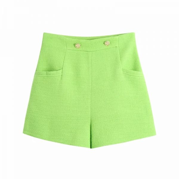 Summer Women Button Decoration Green Shorts Casual Female Loose Clothes P2122