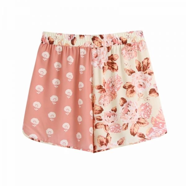 Hot Sale Women Flower Printing Contrast Color Splicing Casual Shorts Female Elastic Waist Loose Clothes P2292
